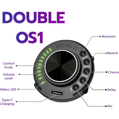 Previo de amplificación y autoamplificación "DOUBLE OS1" con efectos reverb, chorus, delay, micro y bluetooth PILA INCLUIDA.